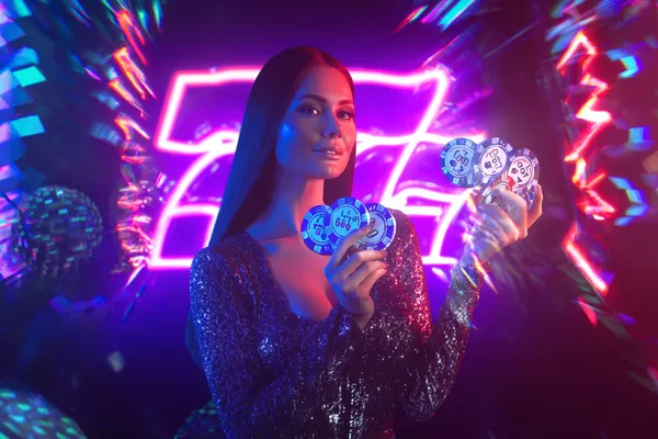 A stylish woman beside vibrant slot machines displaying glowing sevens, showcasing the variety of top slots at SLO16.
